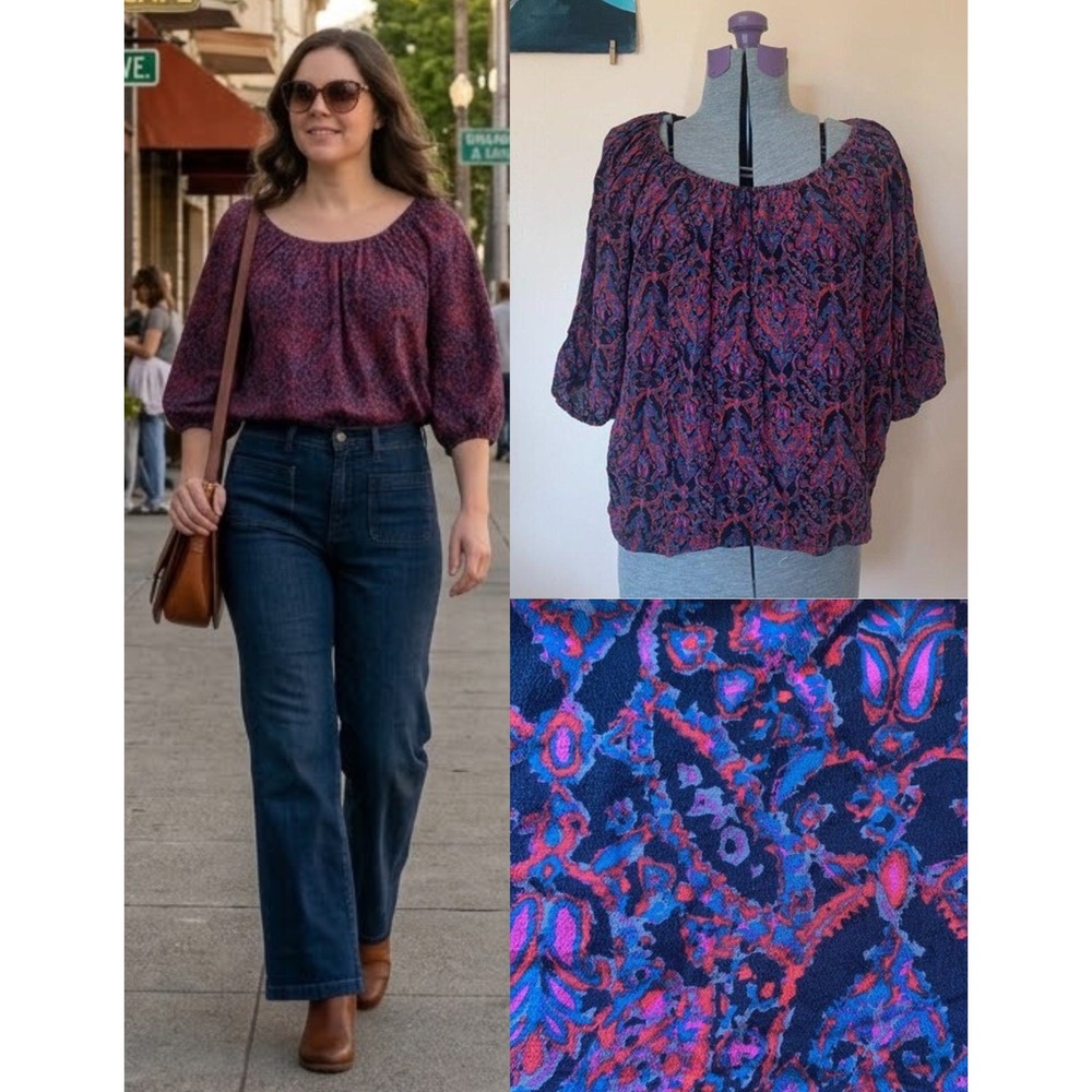 Joie XS Paisley Peasant Blouse Pink Blue Purple Boho Top